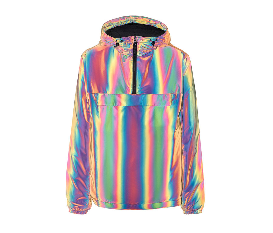 Regenbogenfarbener reflektierender Windbreaker mit Kapuze und kurzem Reißverschluss.