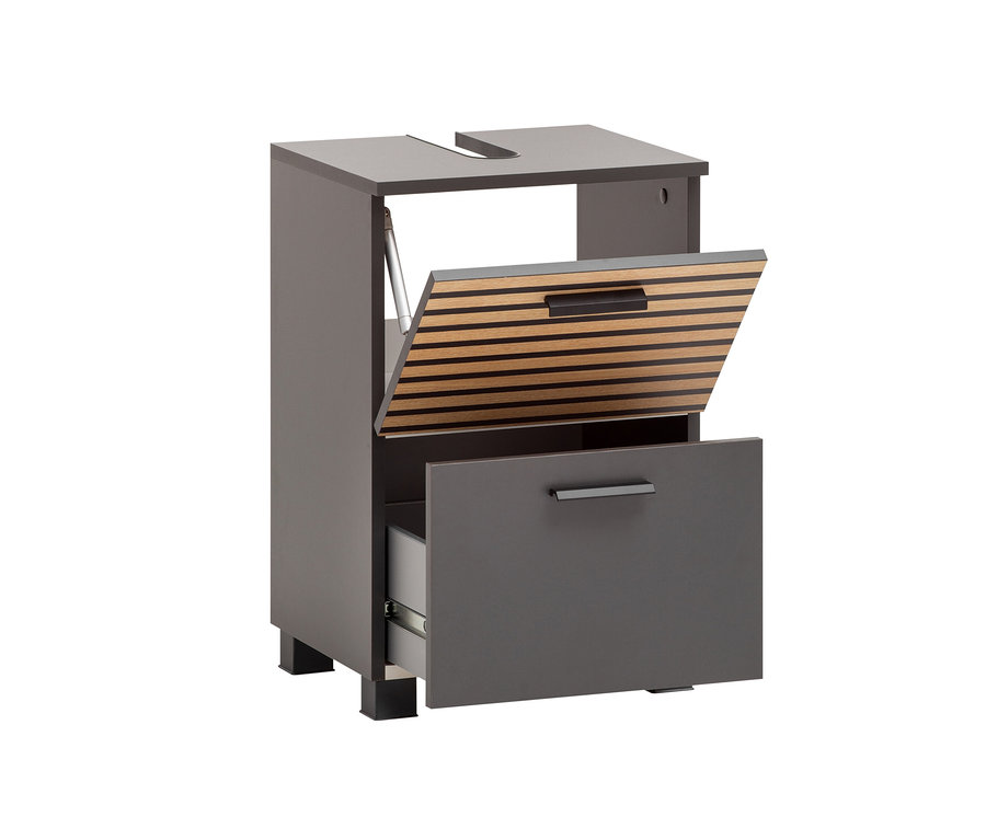 Anthrazitfarbener Waschbeckenunterschrank »Katta« mit einer offenen Klappe und einer Schublade.