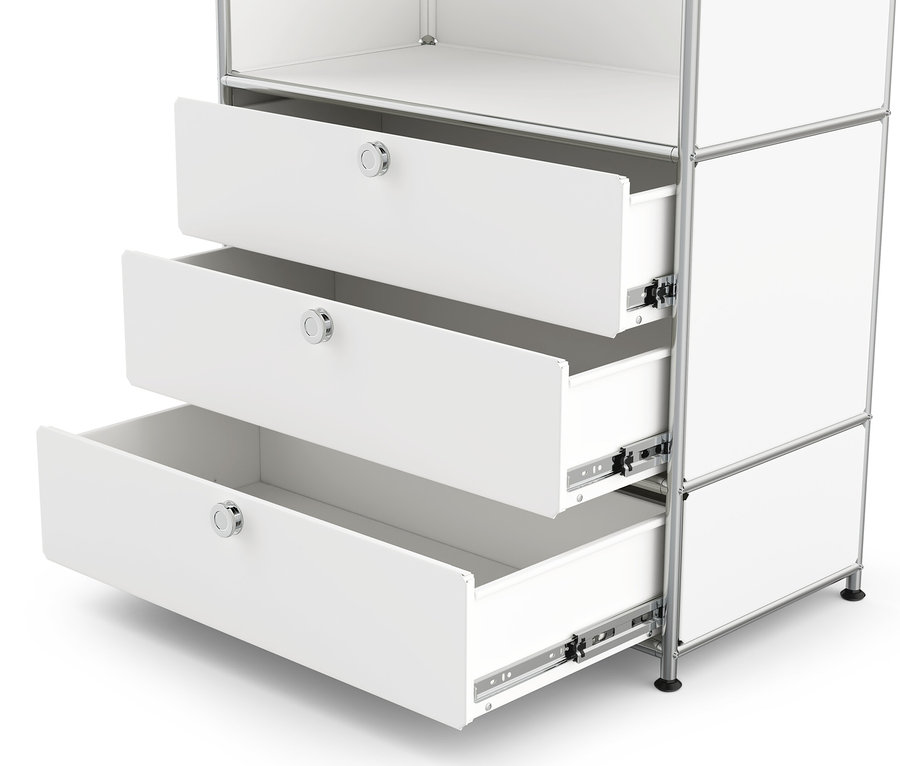 Detailansicht einer Garderobe Metall »CN3« mit Kleiderstange und 3 offenen Schubladen.