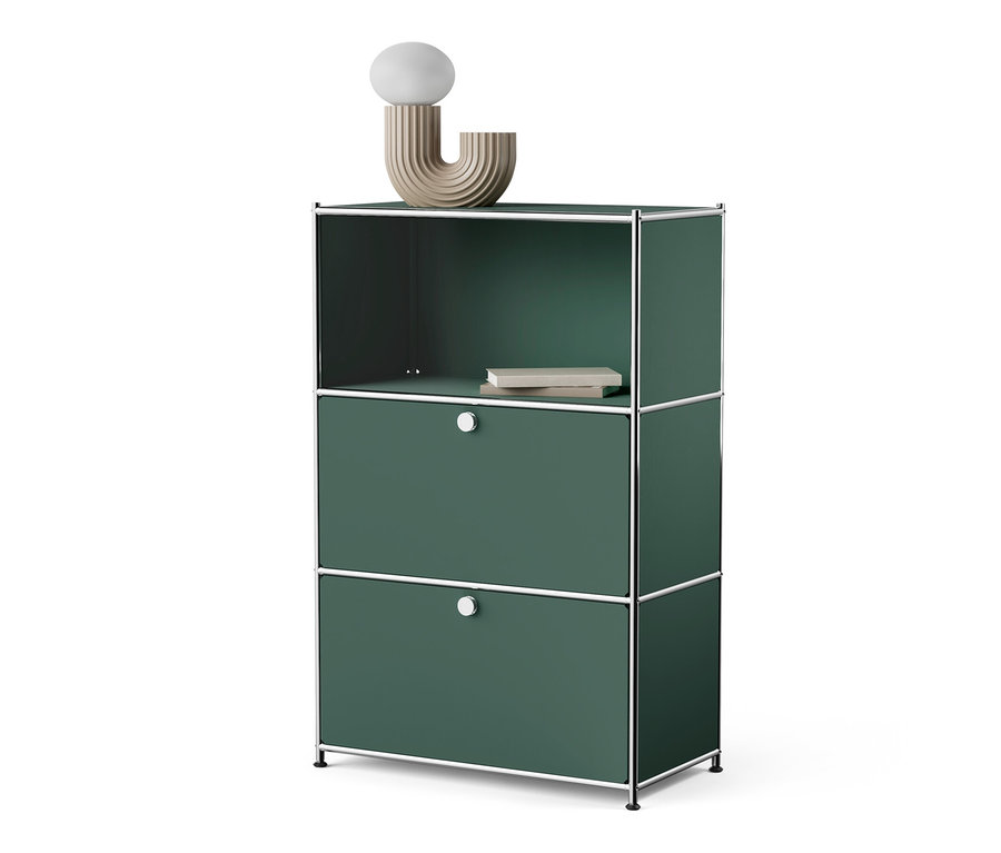 Grüne Kommode Metall »CN3« mit zwei Klappfächern und einem offenen Fach oben.