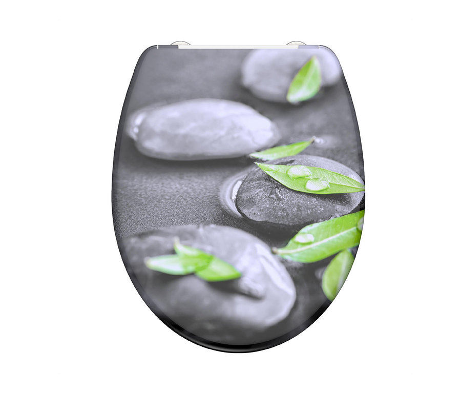 Duroplast WC-Sitz Stone mit Motiv aus grauen Steinen und grünen Blättern.