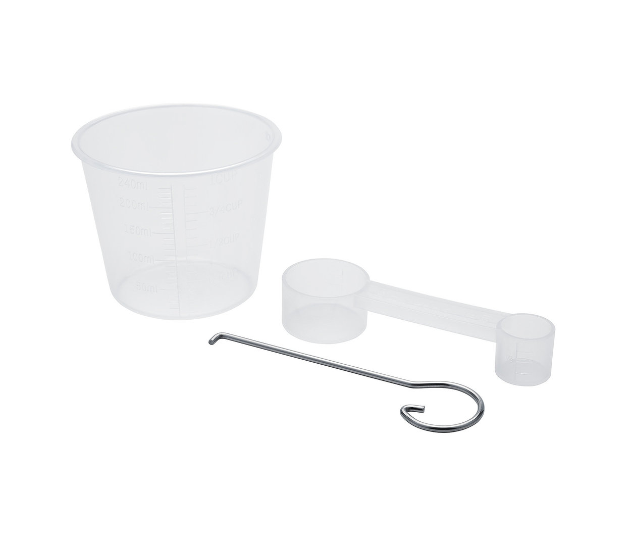 Ein durchsichtiger Messbecher, ein Messlöffel und ein Werkzeug zum Entfernen des Knethakens aus dem XL Brotbackautomat »BM2«.