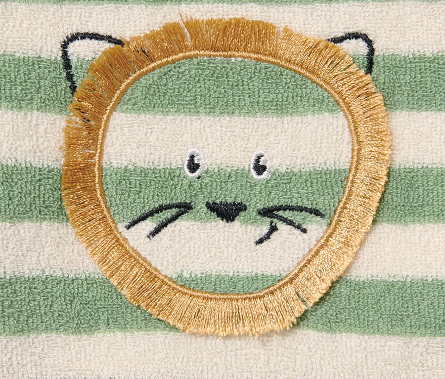 Detailansicht eines Baby- und Kleinkind-Frottierponchos mit Löwenmotiv.