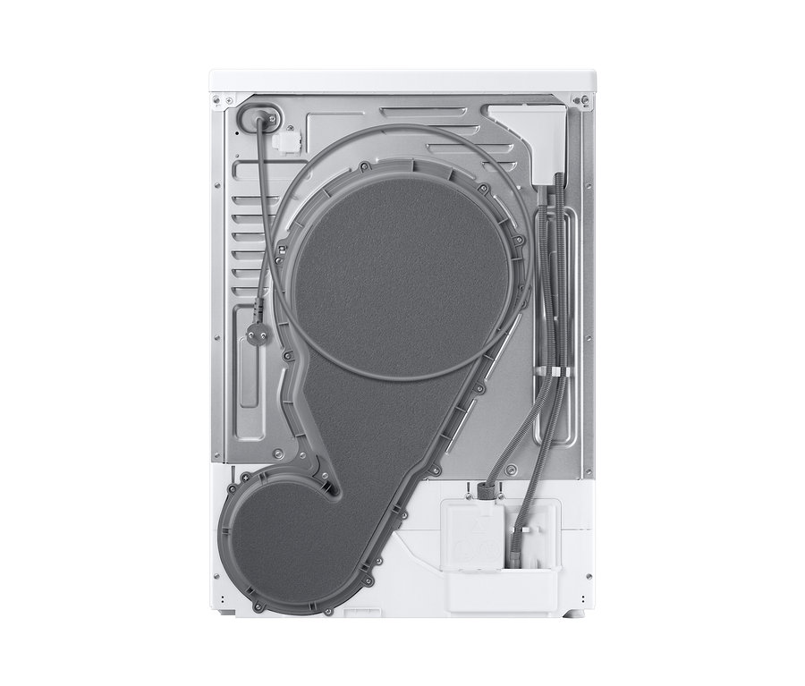Rückansicht eines weißen Wäschetrockners mit sichtbaren grauen Innenkomponenten und Schläuchen. Zu sehen ist der Samsung Wärmepumpentrockner DV9ETA040AE/EG, A++ mit 9 kg Fassungsvermögen.