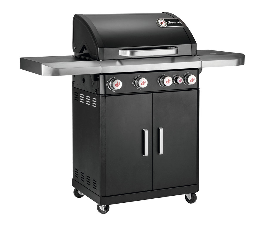 Schwarzer Landmann Gasgrill Rexon 4.1 CooK mit Bedienknöpfen und Schrank.