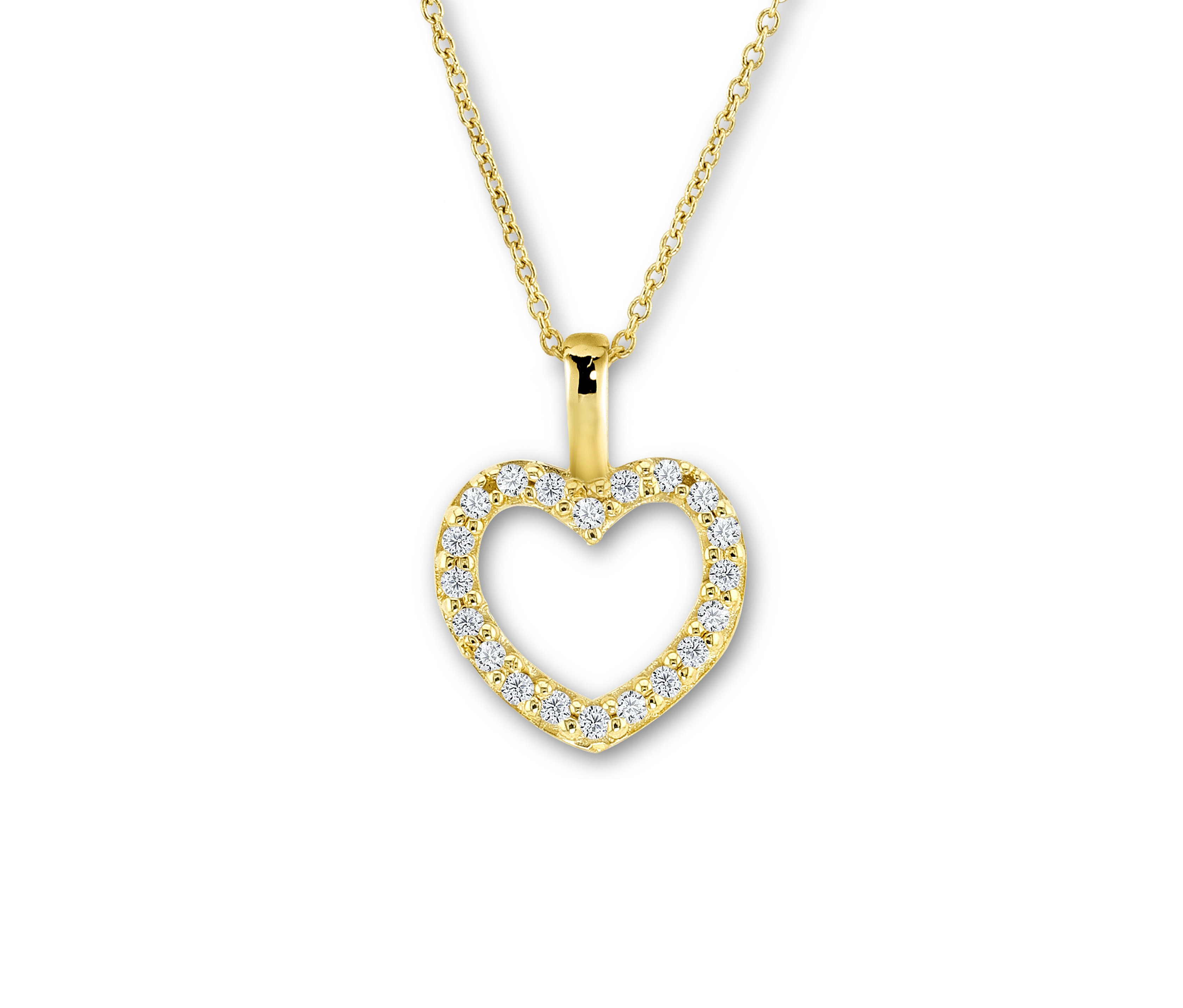 Goldkette mit herzförmigem Anhänger und Diamanten auf weißem Hintergrund.