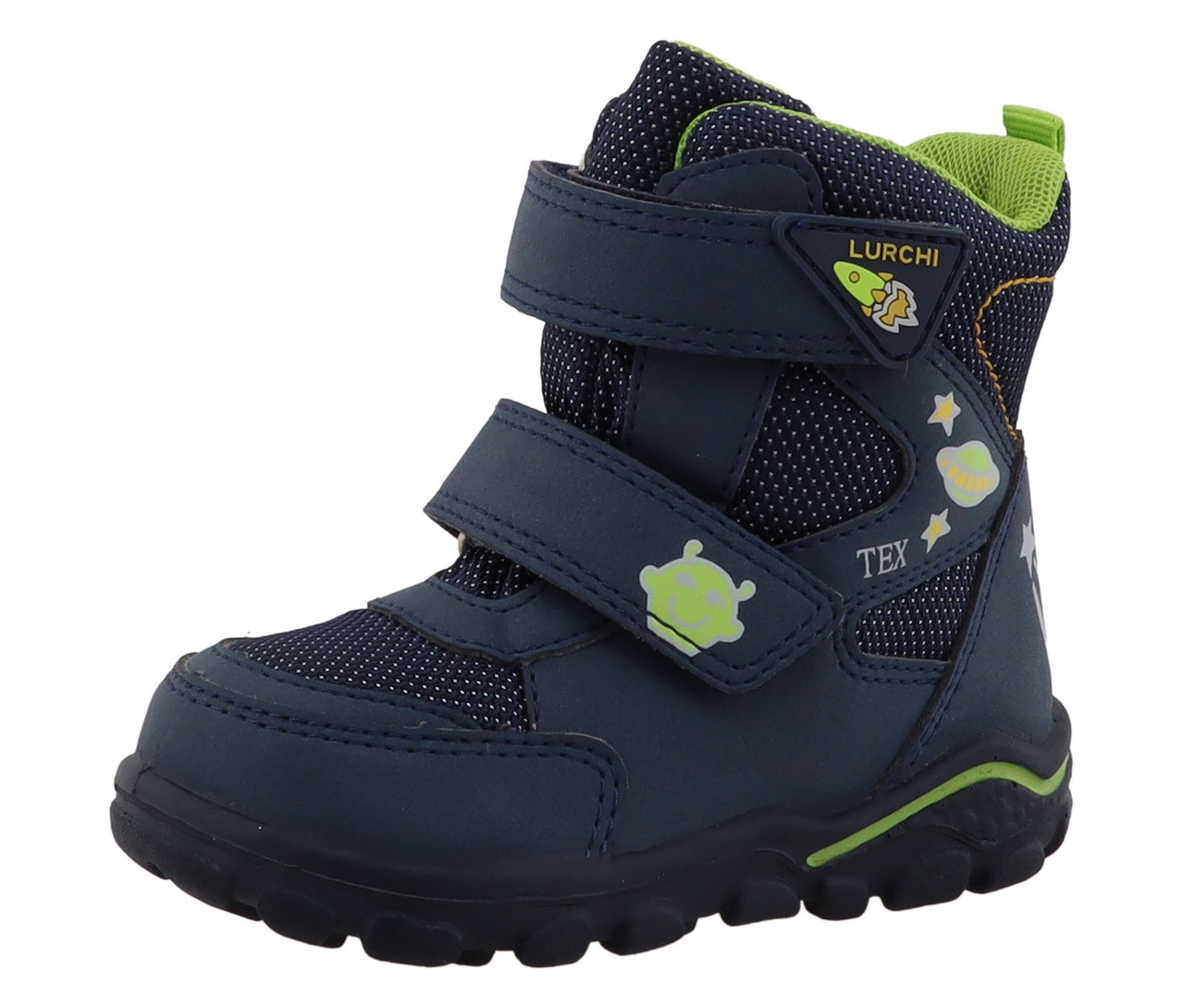 Blauer LURCHI »Kojo-TEX« Winterstiefel für Kinder mit Alien-Motiv.