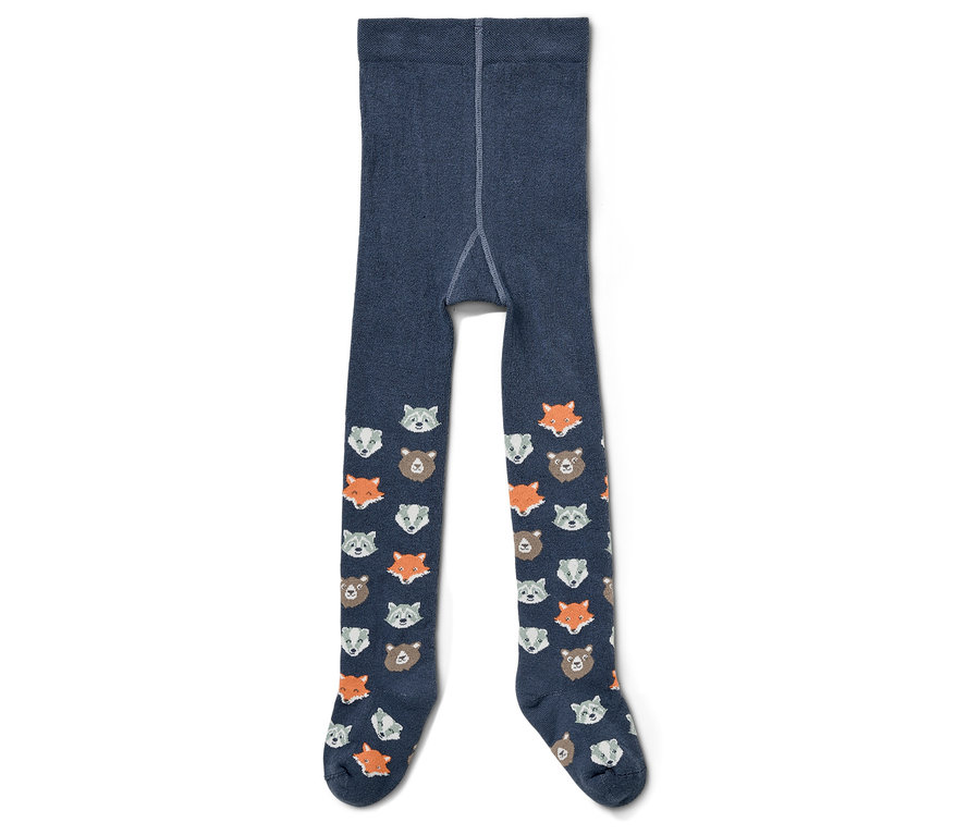 Dunkelblaue Kinderstrumpfhose mit Fuchs-, Waschbär- und Bärenmuster.