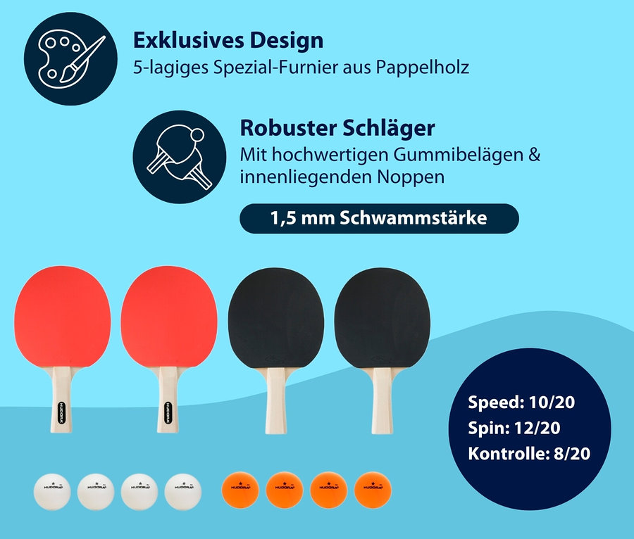 Zwei orangefarbene und zwei schwarze Hudora Tischtennisschläger und sechs Tischtennisbälle.