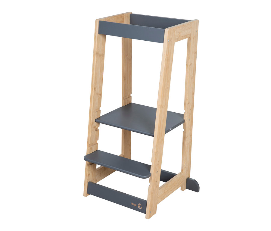 roba Lernturm holz anthrazit mit Holzrahmen und anthrazitfarbenen Stufen.