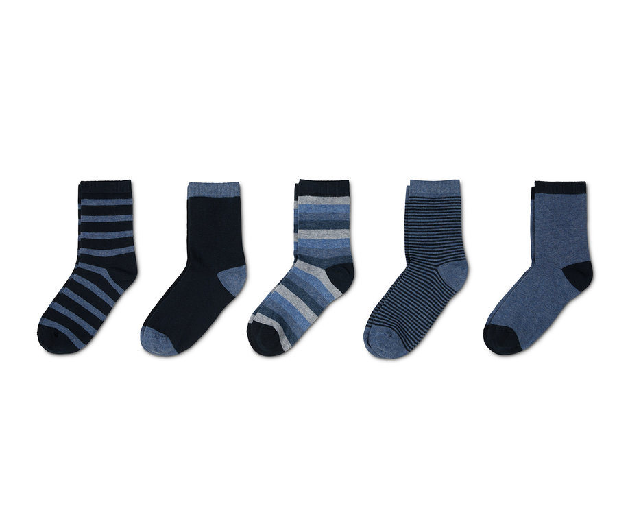 Fünf Paar Socken in verschiedenen Blau- und Grautönen liegen nebeneinander auf einem weißen Hintergrund.