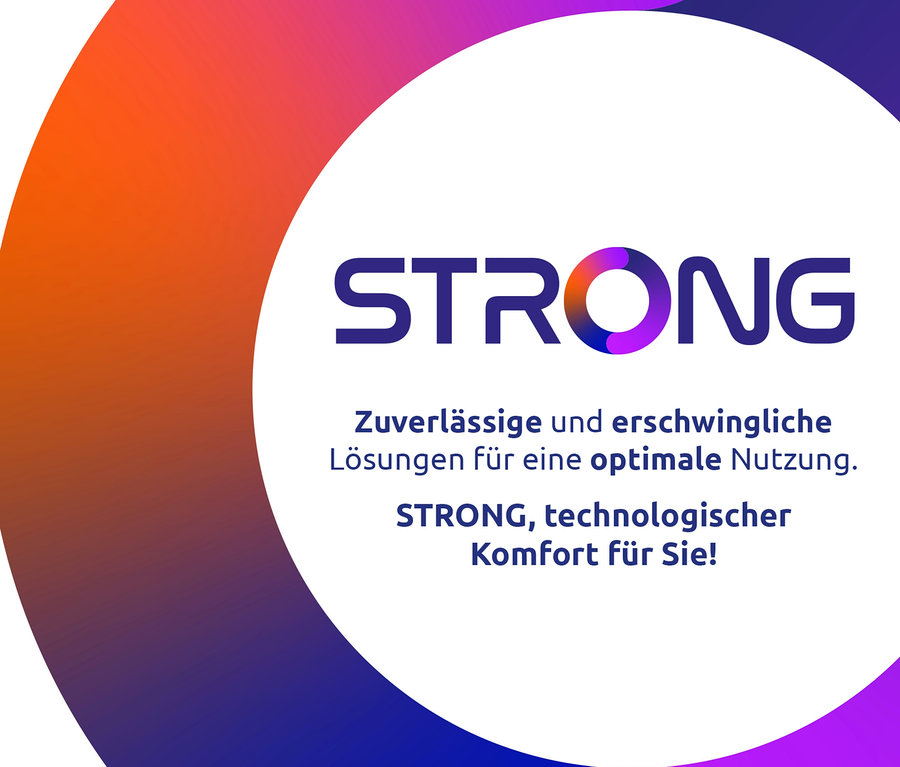 Logo von Strong mit dem Text "Zuverlässige und erschwingliche Lösungen für eine optimale Nutzung. STRONG, technologischer Komfort für Sie!" und Strong Wi-Fi 6 Repeater »AX 1800«.