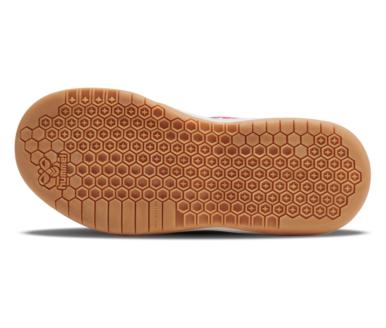 Sohle des HUMMEL Multiplay Flex VC JR, rosa, mit brauner Sohle mit Wabenmuster.
