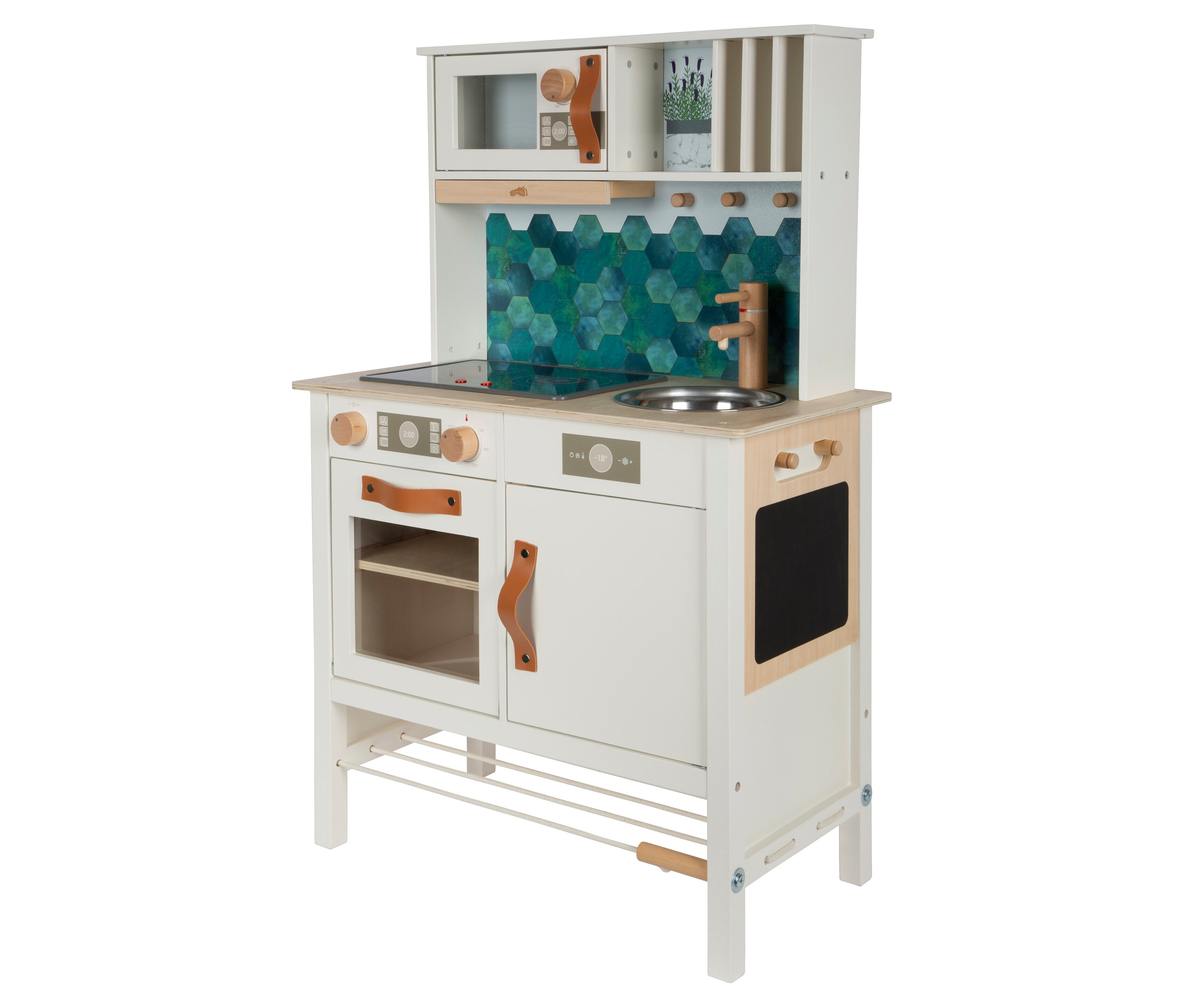 Eine weiße small foot Kinderküche kompakt »tasty« mit Backofen, Herd, Spüle und Stauraum.