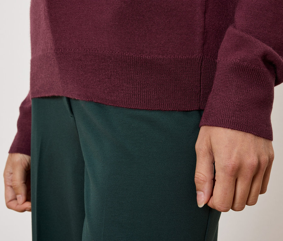 Detailaufnahme einer Person mit bordeauxfarbenem Pullover und grüner Hose.