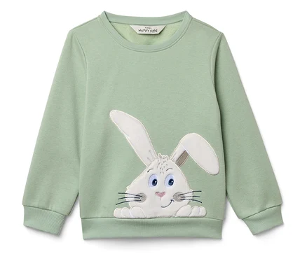 Hellgrüner Pullover mit Hasenapplikation.