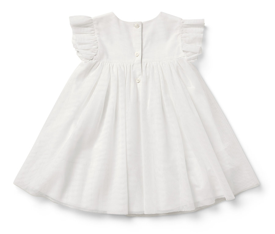 Baby-Tüllkleid mit Rüschenärmeln und Knopfverschluss hinten.