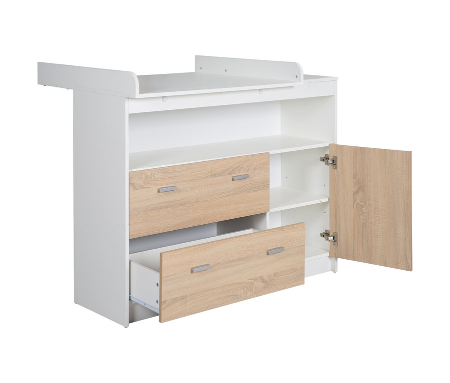 Breite, weiße roba Wickelkommode »Gabriella« mit 2 Schubladen, wobei eine Schublade und die Schranktür geöffnet sind.