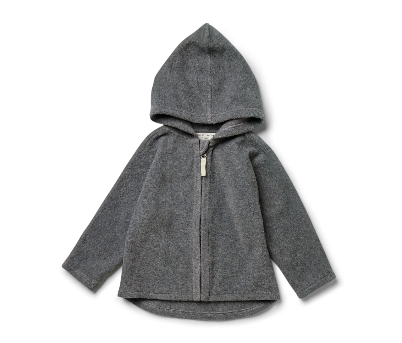 Graue Baby-Fleecejacke mit Kapuze und Reißverschluss.