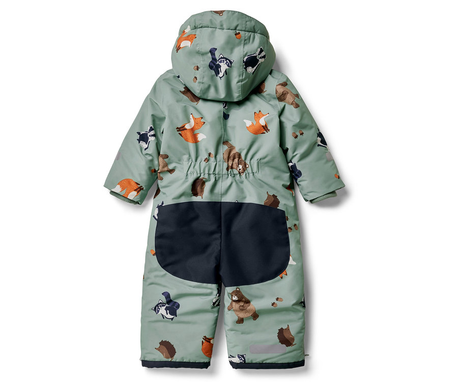 Hellgrüner Kinder-Overall mit Kapuze und Waldtiermuster.