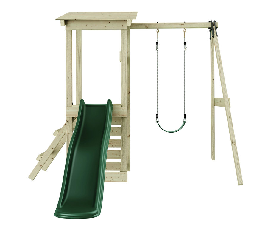 Holz Kinderspielturm mit einer grünen Rutsche und einer Schaukel.