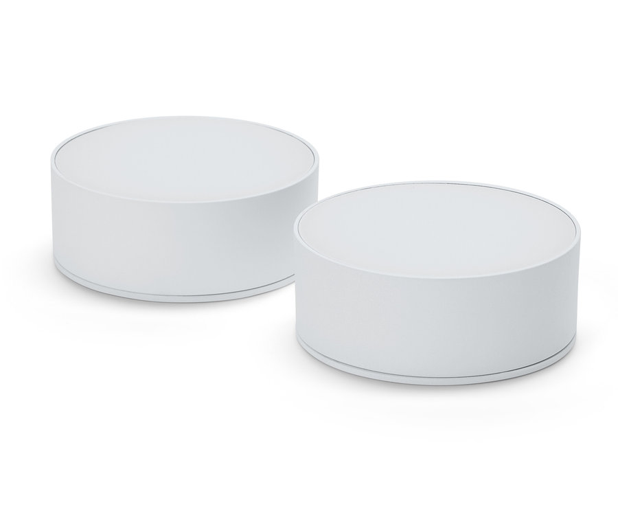 Zwei weiße LED-Multifunktionsleuchten auf weißem Hintergrund.