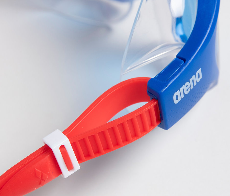 Detailaufnahme der blauen arena Junior Kinder-Schwimmbrille The One Mask mit rotem Band.