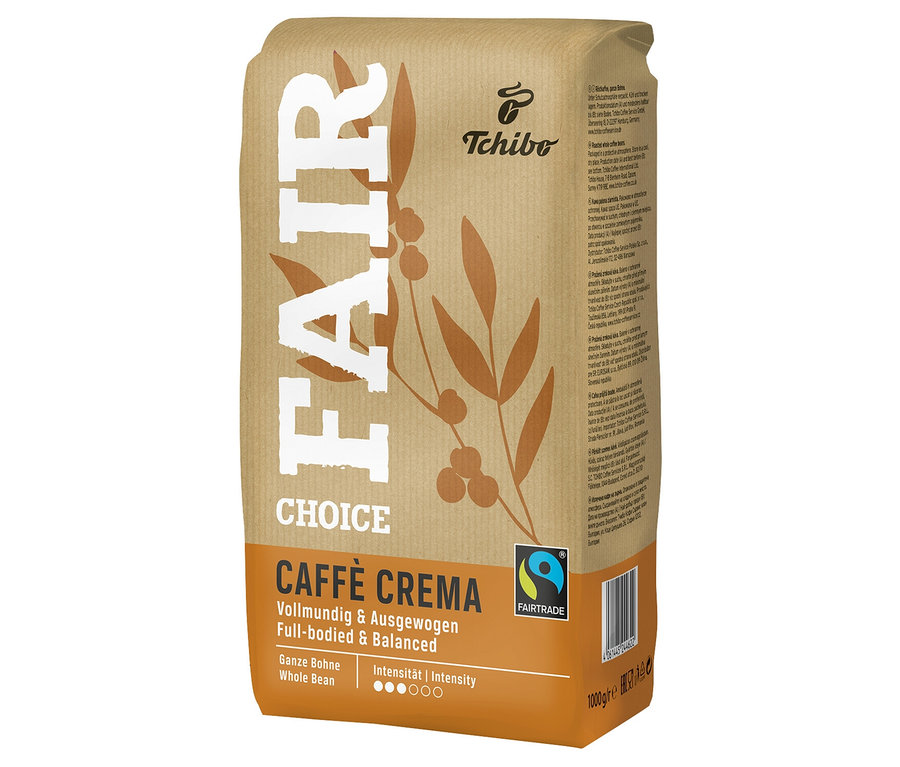 Eine Packung Fair Choice Caffè Crema - 1 kg Ganze Bohne. Die Packung ist braun und trägt die Aufschrift Fair Choice und das Fairtrade-Logo.