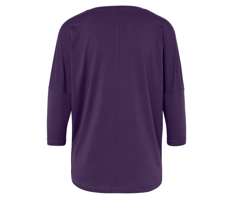 Detailaufnahme einer violetten Bluse mit Dreiviertelärmeln von hinten.