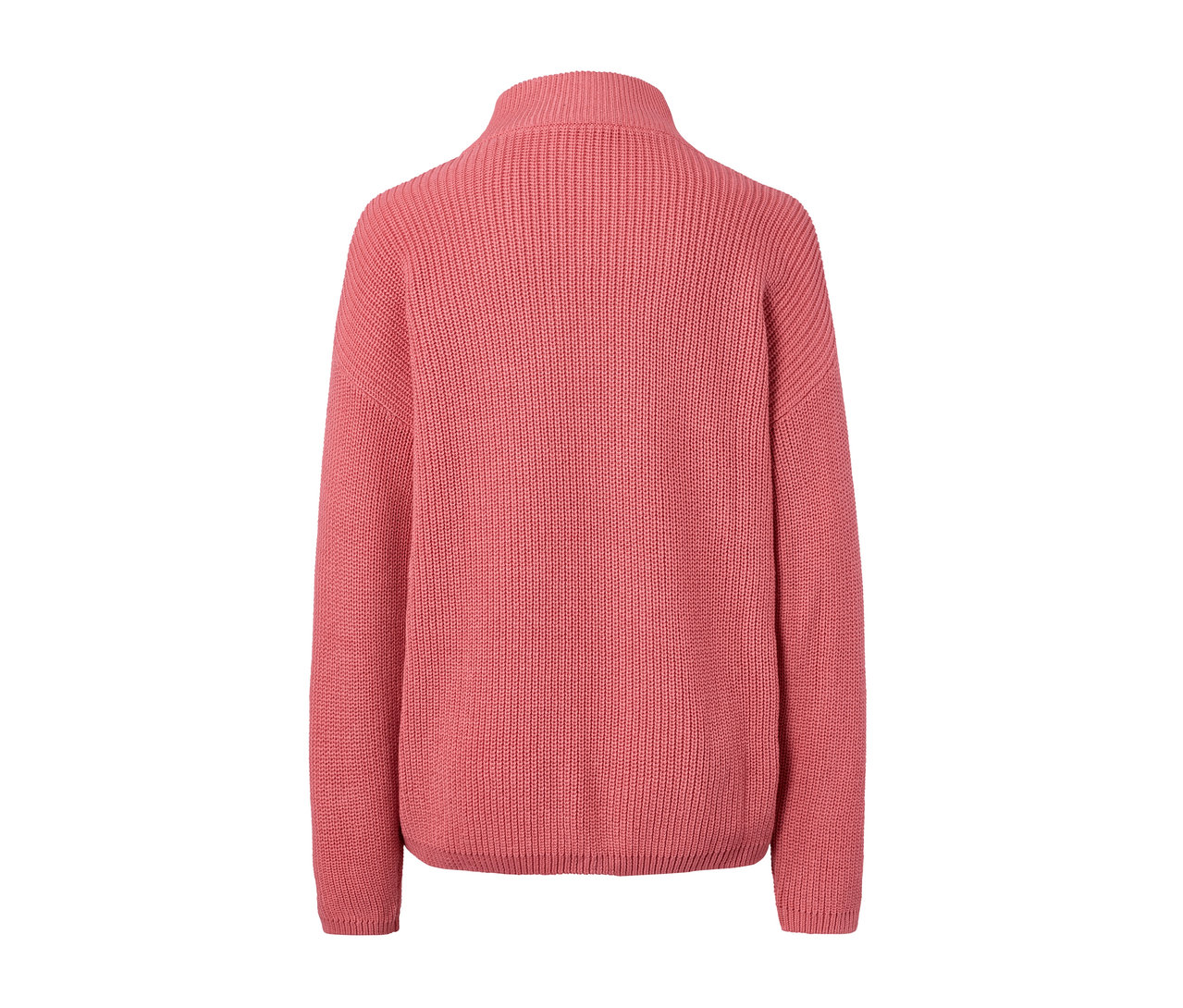 Detailansicht eines Strickpullovers mit Stehkragen.