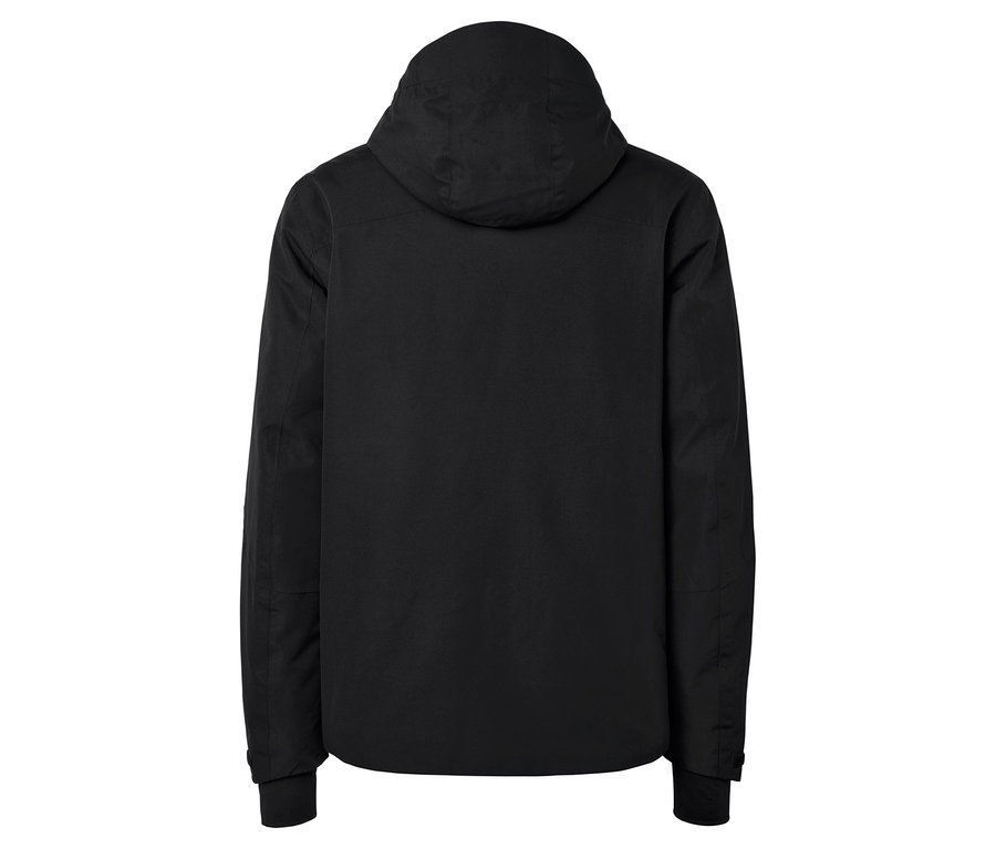 Rückansicht einer schwarzen Jacke mit Kapuze.