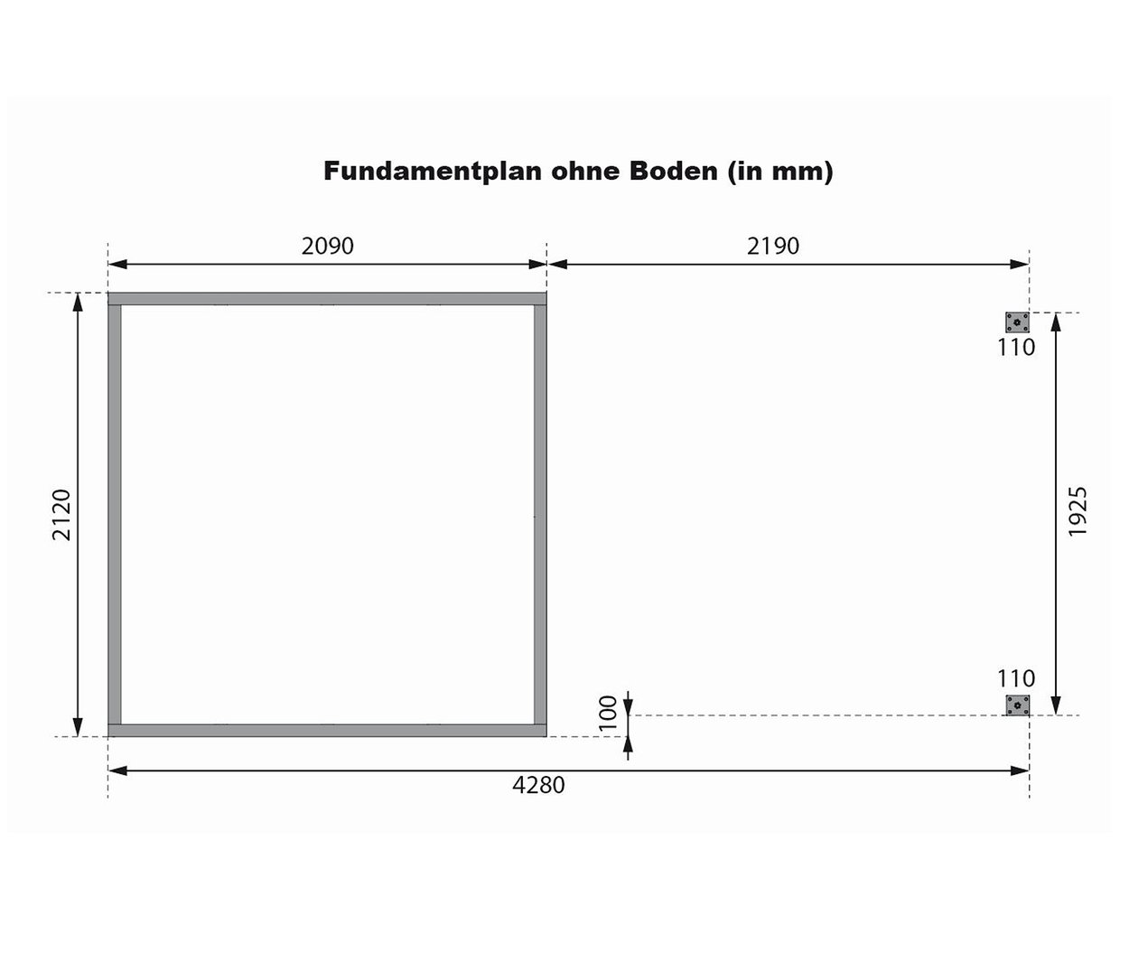Fundamentplan des Karibu Gerätehauses mit Anbaudach, anthrazit, 19mm (Venus A), ohne Boden, Maße in Millimeter.