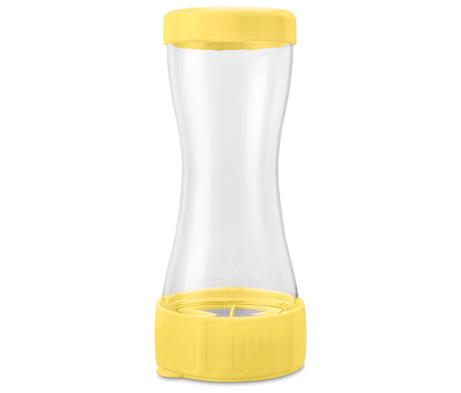 Leerer, sanduhrförmiger Behälter mit gelbem Deckel und Boden.