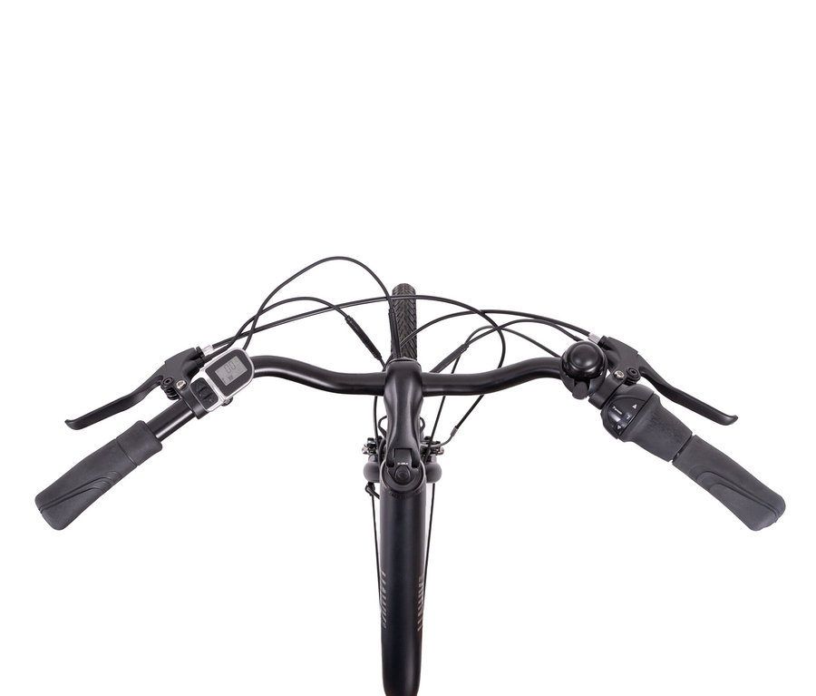 Draufsicht auf den Lenker eines HAWK E-City Comfort Fahrrads.