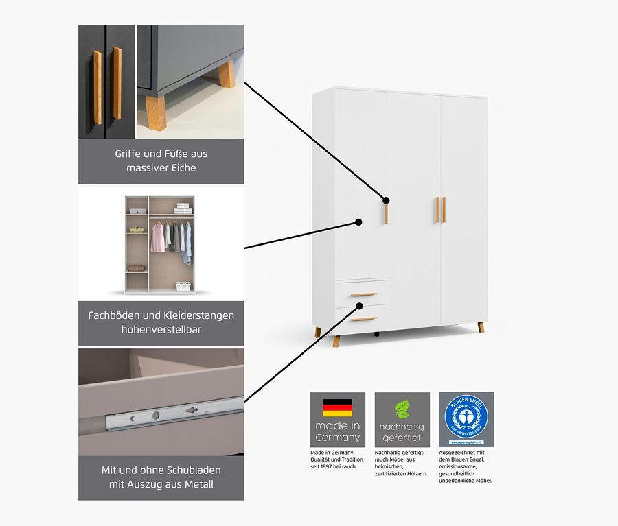 Weißer rauch Drehtürenschrank »Shinjo« mit 3 Türen, 2 Schubladen und Holzdetails.