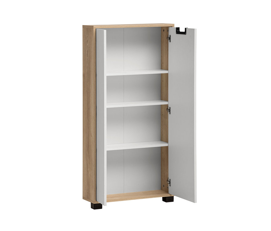 Highboard »Emmik«, weißeiche-matt-weiß mit offener Tür.