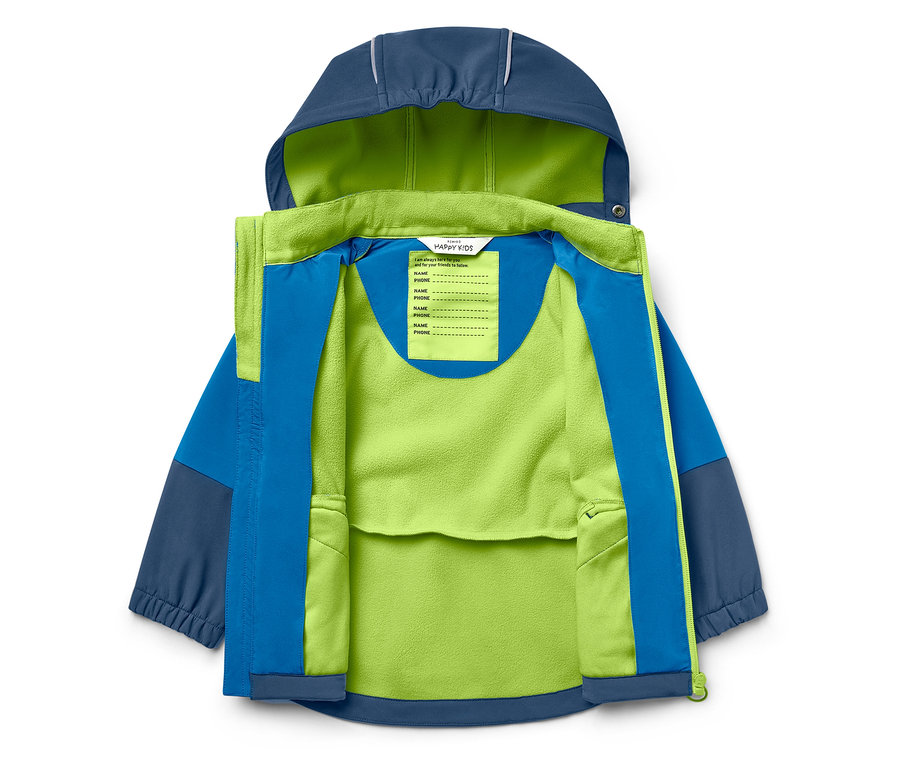 Blau-grüne Kinderjacke mit Kapuze, offen und auf einem weißen Hintergrund liegend.