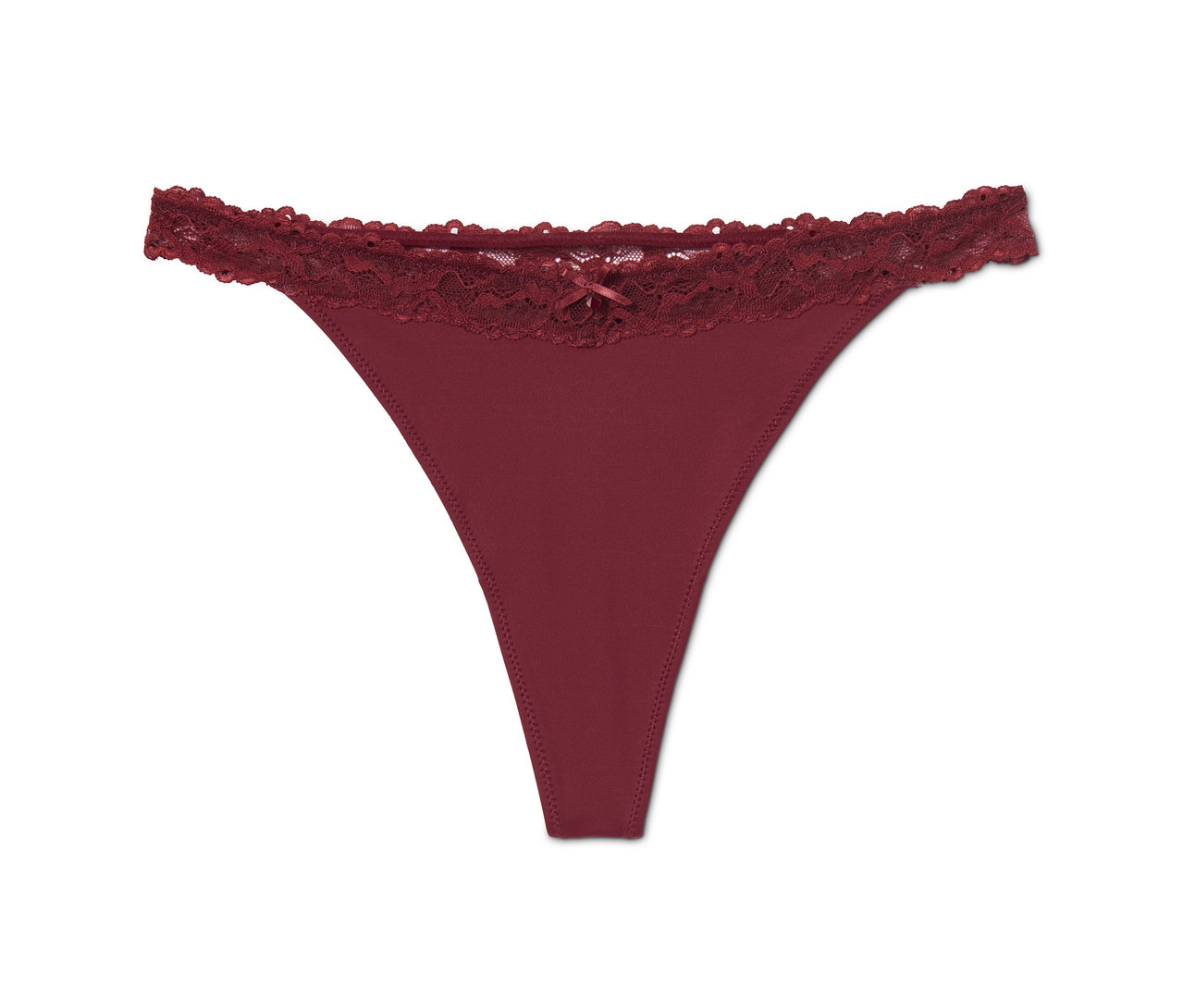 Einzelner Burgunderroter String mit Spitze.