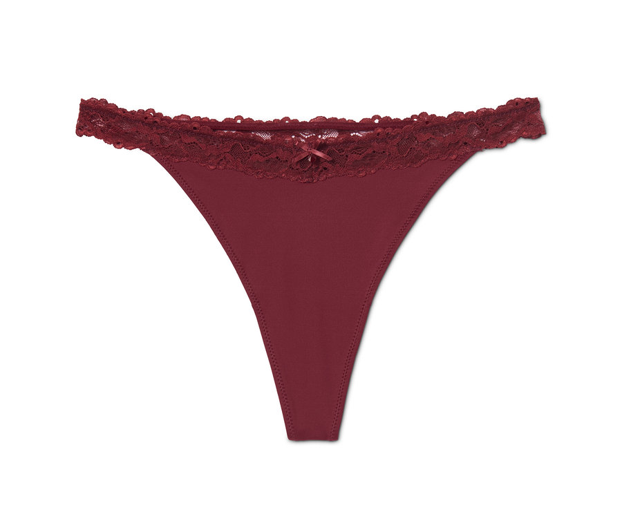 Einzelner Burgunderroter String mit Spitze.