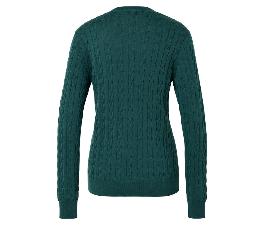 Rückansicht eines smaragdgrünen Strickpullovers mit Zopfmuster und langen Ärmeln.