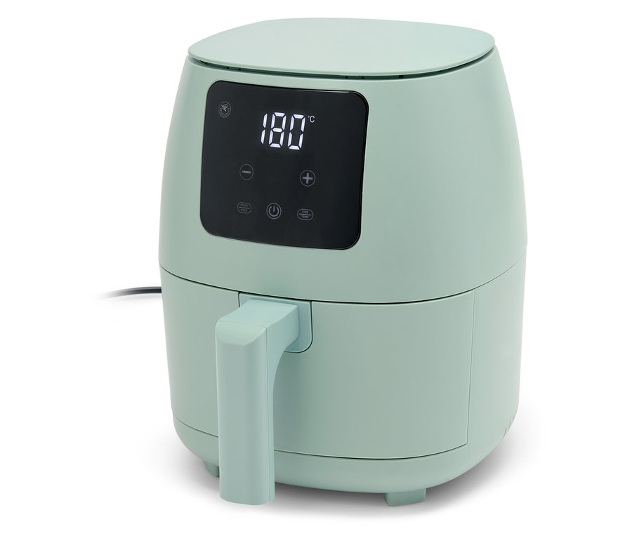 Hellgrüne Heißluftfritteuse mit Digitalanzeige, die 180 Grad anzeigt.