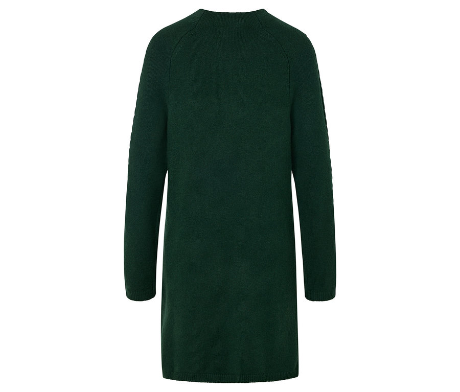 Rückansicht eines langen, grünen Strickkleides.