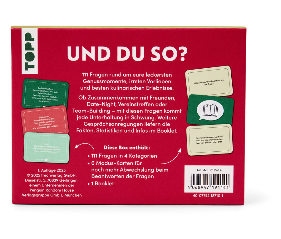 Rote Schachtel mit der Aufschrift "UND DU SO?" und Informationen zum Spiel.