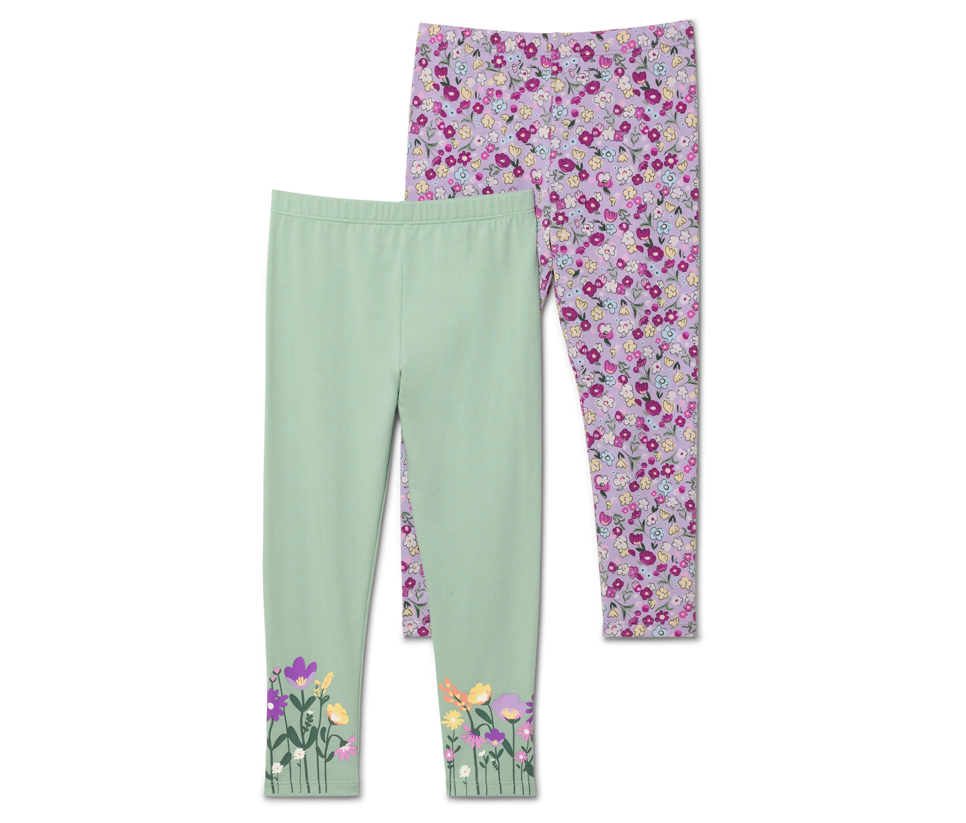 Zwei Leggings: eine hellgrün mit Blumen am unteren Ende, die andere lila mit einem durchgehenden Blumenmuster.