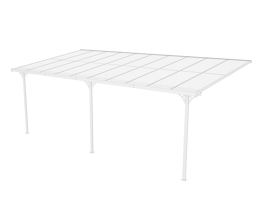 Weiße Terrassenüberdachung, Breite ca. 617 cm.