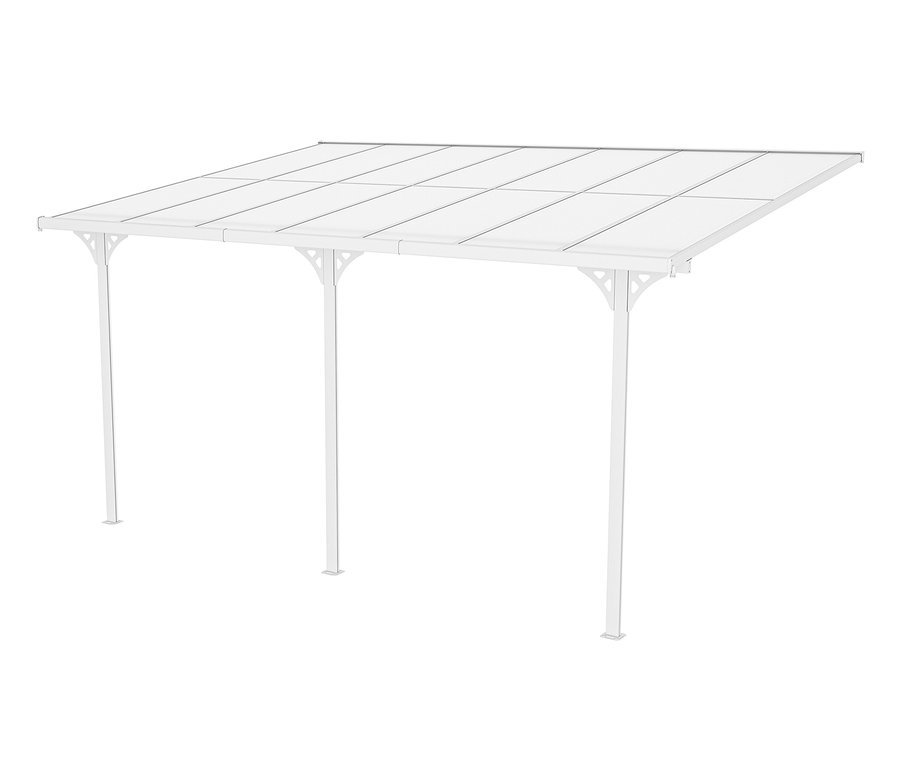 Weiße Terrassenüberdachung, Breite ca. 435 cm.
