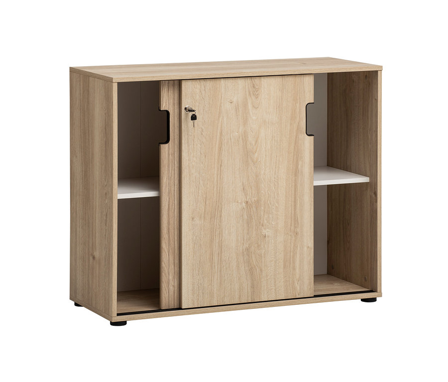 Ein »Emmik« Aktenschrank in Weißeiche gestreift mit Schiebetüren und zwei Regalböden.