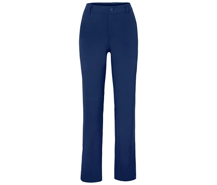 Blaue Hose mit Knopf.