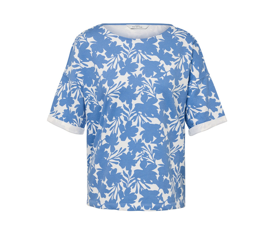 Hellblaues bedrucktes Sweatshirt.