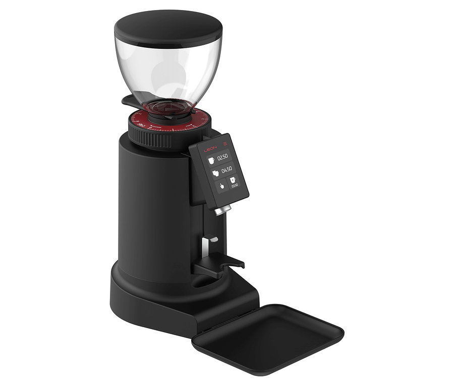 Nahaufnahme einer schwarzen Leon Kaffeemühle mit durchsichtigem Behälter auf einem weißen Hintergrund.